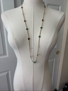 1928 Gold-Tone Station Necklace with Blue, Green, Red and Clear Stones